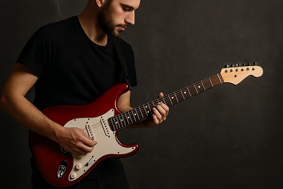 横向きの写真でエレキギターを弾いている人